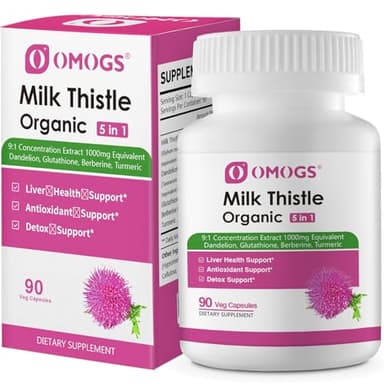 OMOGS Organic Milk Thistle, Herbal Liver Support Milk Thistle Supplement, with Dandelion Root, Glutathione, Berberine HCL &Turmeric, Support Liver Cleanse Detox & Repair, 90 Capsules