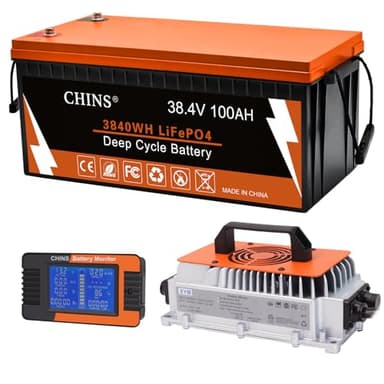 CHINS 36V Lithium Golf Cart Battery, 36 Volt 100Ah LiFePO4 Battery, Built-in Bluetooth 200A BMS, Includes 36V 25A Charger, Monitor, Perfect for Golf Carts