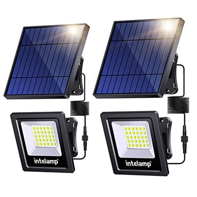 intelamp 4400mAh Solar Flood Lights, 2 Pack Outdoor Solar Security Light Dusk to Dawn Auto On/Off IP65 Waterproof Solar Powered Lights for Porch, Balcony, Yard, Garage, Barn, Garden