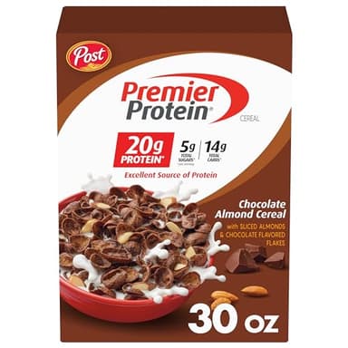 Post Premier Protein Chocolate Almond Cereal, Chocolatey Protein Cereal Flakes with Sliced Almonds, Contains 20g of Protein Per Serving, 30 OZ Box
