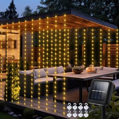Solar Curtain Lights 7.9ft x 6ft 144 LED Outdoor Curtain Lights Waterproof with Timer 8 Modes for Christmas Garden Patio Fence Wedding Wall Window Gazebo Decor - Warm White