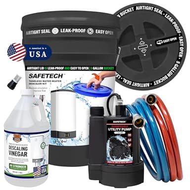 Safetech Tankless Water Heater Flushing Kit with 5-Gallon Screw-Top Lid, Premium Hoses, 1/6 HP Pump, and Concentrated Vinegar