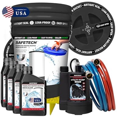 Safetech Tankless Water Heater Flushing Kit with 5-Gallon Screw-Top Lid, Premium Hoses, 1/6 HP Utility Pump, 4 Quarts Descaler, and Pump Grate