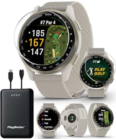 Garmin Approach S50 (Cream Gold/Ivory) Golf GPS Smartwatch Bundle - 1.2" AMOLED Display, On-Course Features, Wrist Heart Rate with PlayBetter Screen Protectors & 5000mAh Portable Charger