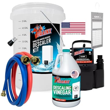 DrainX Tankless Water Heater Flushing Kit Includes Pump, Hoses, 5-Gallon Bucket, Concentrated Vinegar, and Replacement Filter for Rinnai Systems