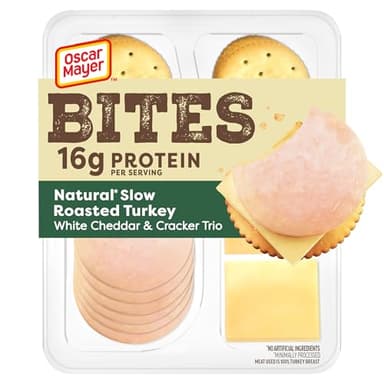 Oscar Mayer Bites Natural Slow-Roasted Turkey, White Cheddar & Cracker Trio Lunch Kit, 1 Tray, for Easy Lunch and On-the-Go Snacking, 16g Protein Snacks, 3.3 oz