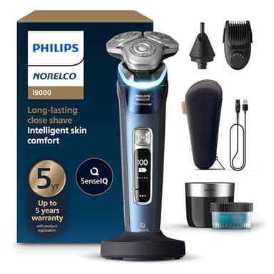 Philips Norelco Shaver i9000 Prestige, Wet & Dry Electric Shaver, Mystic Aqua, SenseIQ Technology, Triple Lift & Cut System, 360 Rotating Dual SteelPrecision Blades, Nose Trimmer, XP9201/88