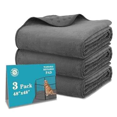 Bunlitent 3 Packs Washable Pee Pads for Dogs, 48'' x 48" Reusable Puppy Pads with Super Absorbent, Fast Absorbent Pet Whelping Pads, Puppy Playpen Mat for Incontinence, Housebreak, Crate, Grey
