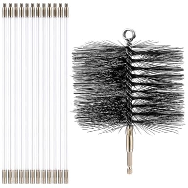 Teenyyou Wire Chimney Cleaning Brush with 1/4 Npt Fitting and 12 Rods, 6 Inch Round Steel Chimney Cleaning Brush and 16 Inch Fiberglass Rods for Hearth Fireplace(All-in-one)