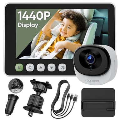 bonoch 5" 1440P Baby Car Camera, Clearest Monitor with 360° Rotating Wide View, Backseat Rear Facing Mirror for Baby, USB Powered with Charger, Easy Setup, Night Vision, Plug & Play Safe Driving