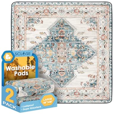 SCLOSE Washable Pee Pads for Dogs Large 2 Pack, 48" x 48" Reusable Puppy Pads Waterproof Dog Rugs, Super Absorbent, Leakproof, Dog Crate Pad, Playpen Mat, Whelping Pads, Blue Medallion